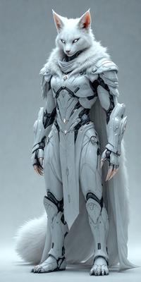 The primary subject of the image is a white robot or cyborg, possibly a character from a video game or comic book. The robot is wearing a white costume and has a cape, giving it a futuristic and powerful appearance. The setting is a white background, which helps to emphasize the robot's features and design. The visual style of the image is digital art, as it appears to be a computer-generated or digitally rendered creation. The colors and mood of the image are predominantly white,